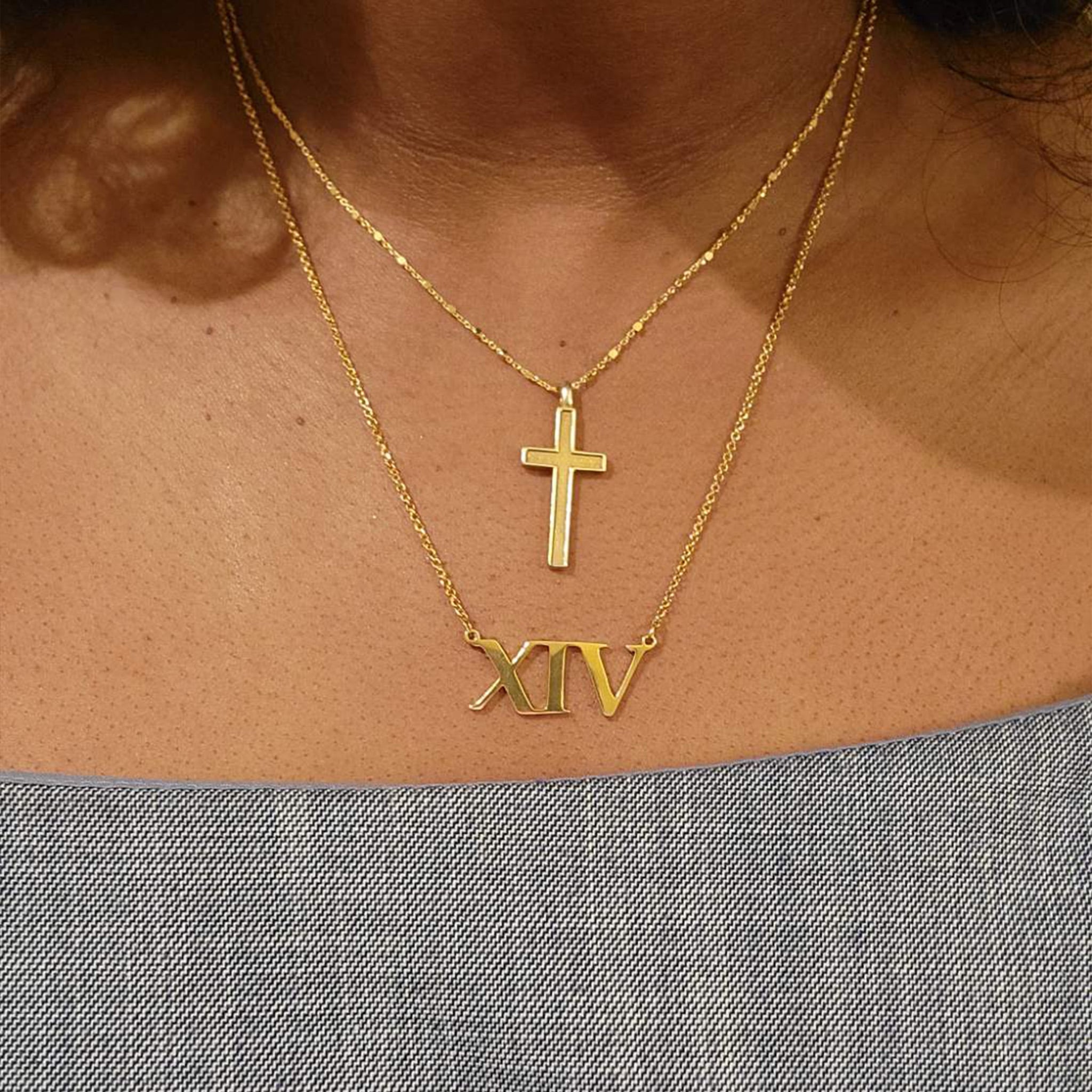 Gold Cross Stacked with XIV Nameplate Necklace